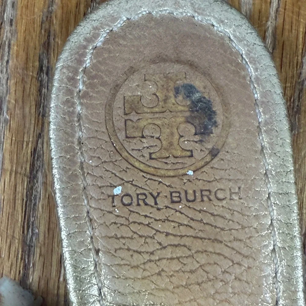 Tory Burch Miller Sandals Gold Metallic Leather Logo Thong Flats Size 7M
